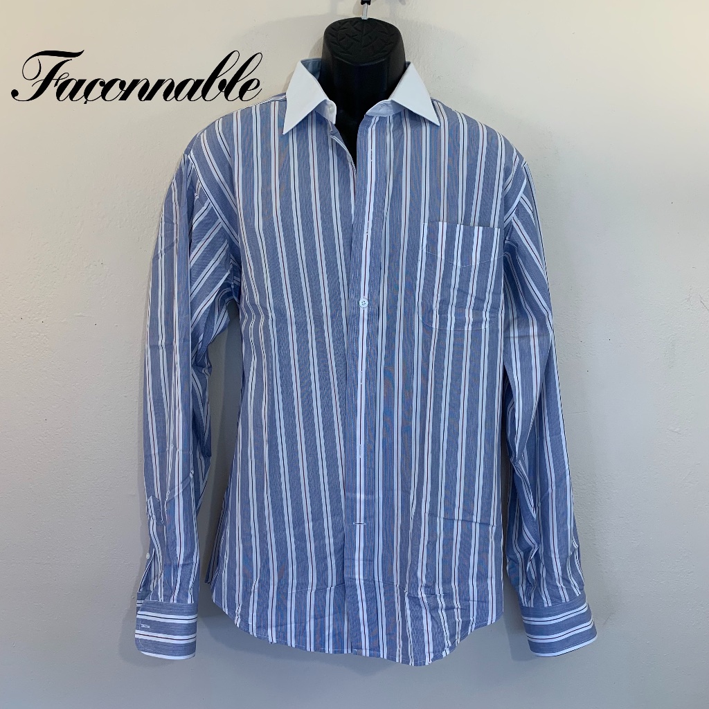 Faconnable Striped Banker Collar Dress Shirt 16.5 Xl 100% Cotton Gently Worn